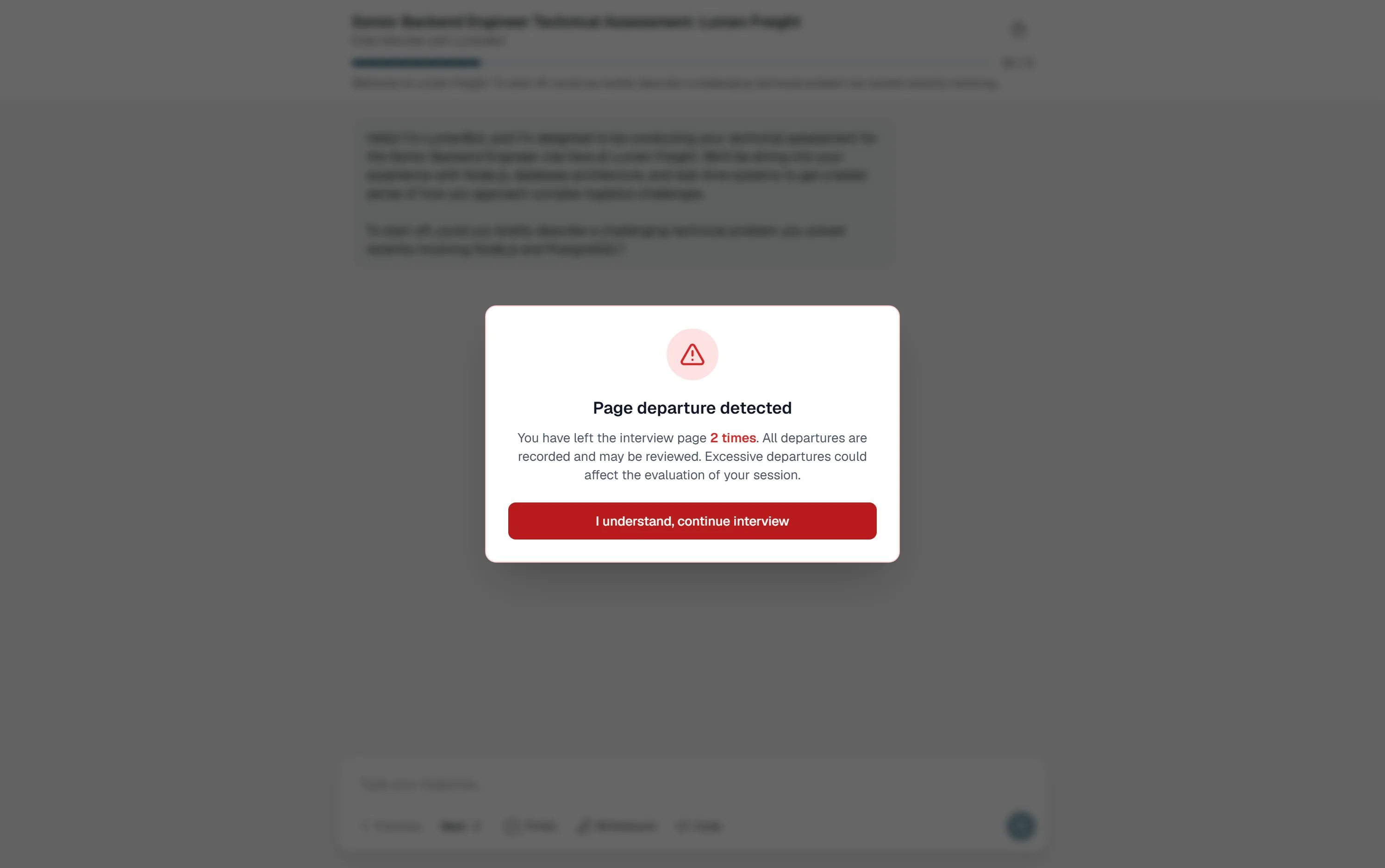The page departure warning a candidate sees when they leave the interview