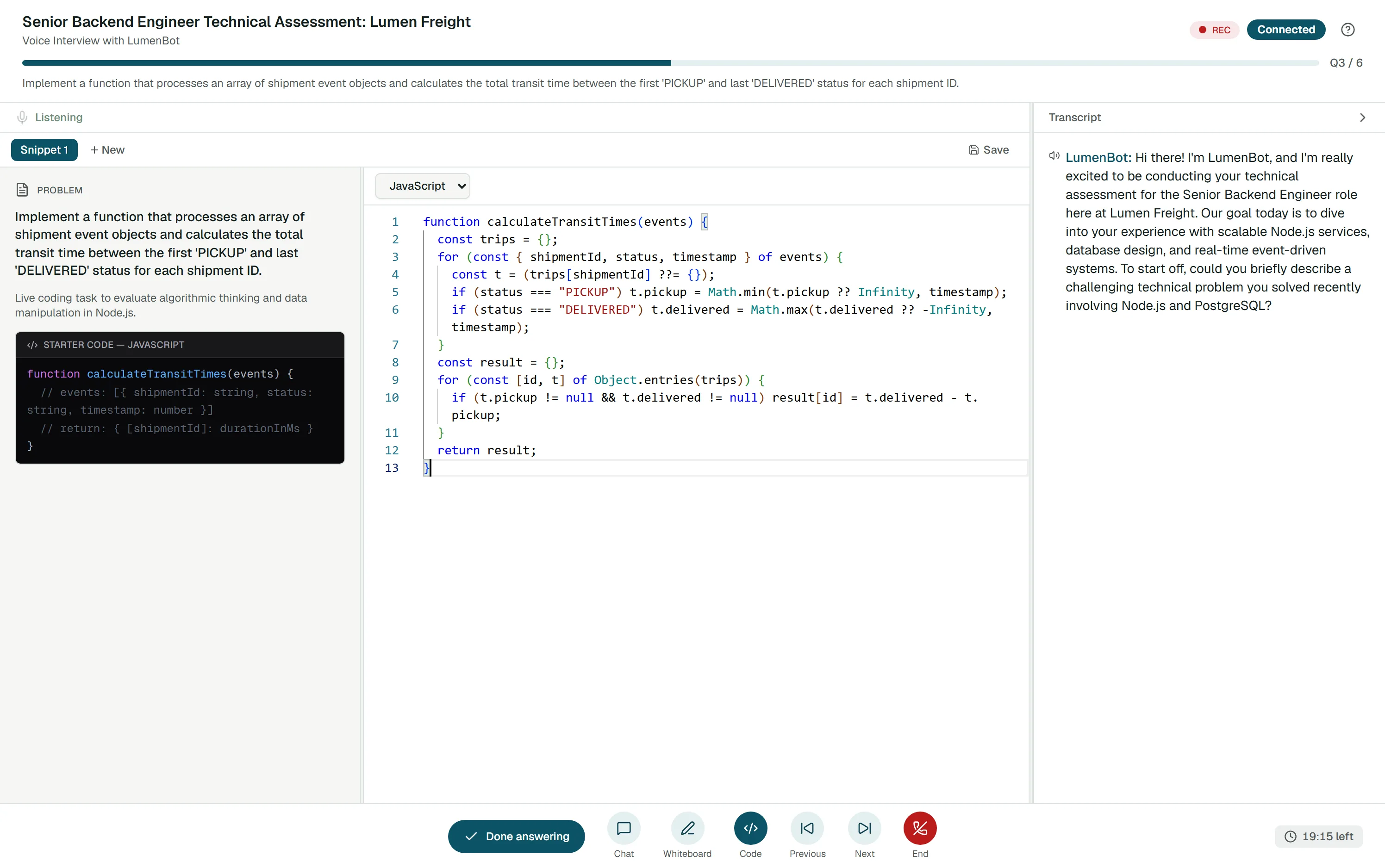 A Scoutly technical interview in progress: the coding question, the editor and the live transcript