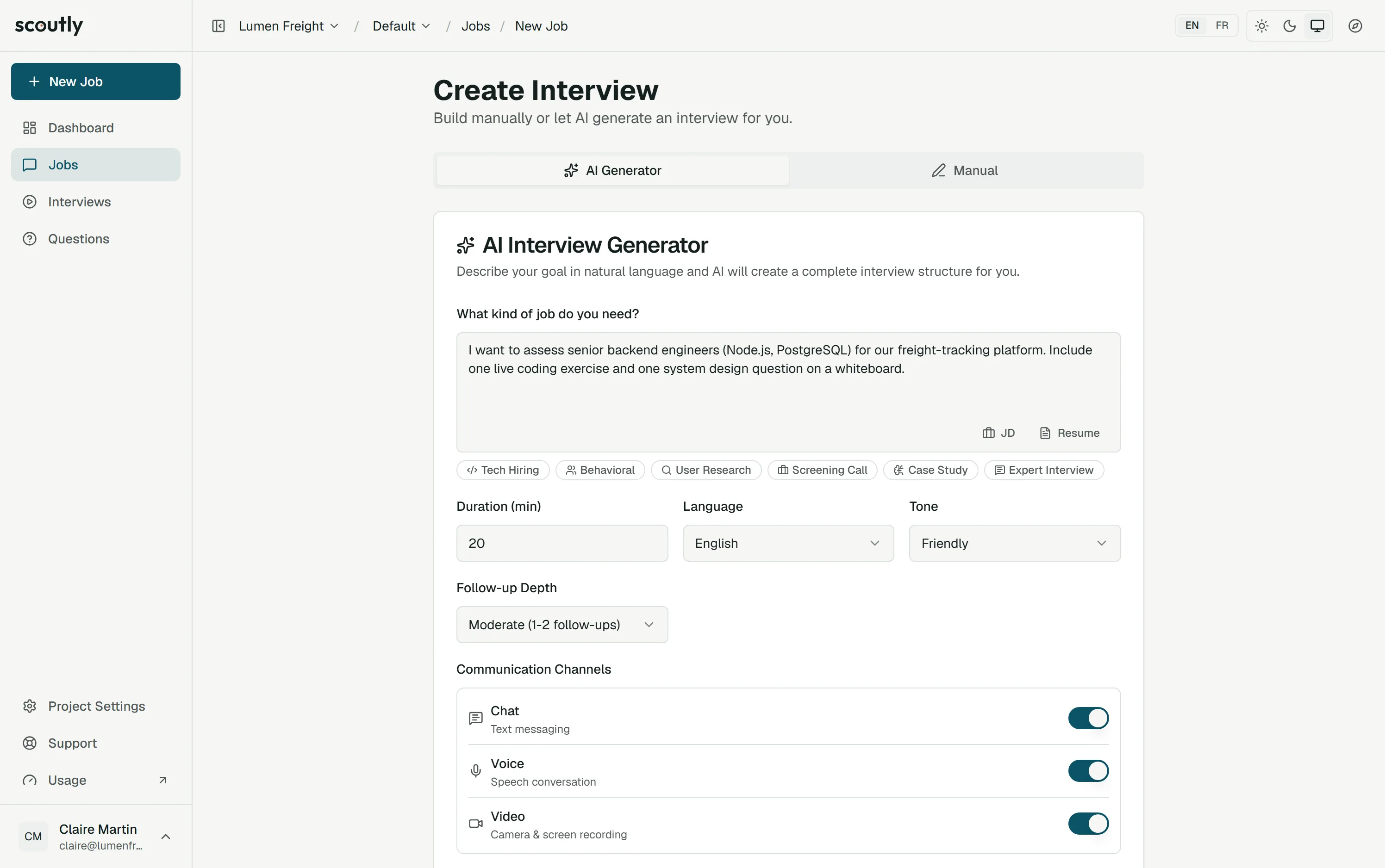 The AI Interview Generator with a job brief typed in